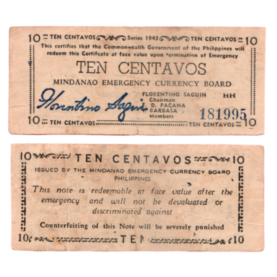 10 Centavos Mindanao Emergency Currency Philippines 1943 Banknote