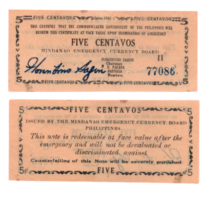 5 Centavos Mindanao Emergency Currency Philippines 1943 Banknote