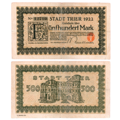 500 Marks Stadt Trier Germany 1922 Banknote