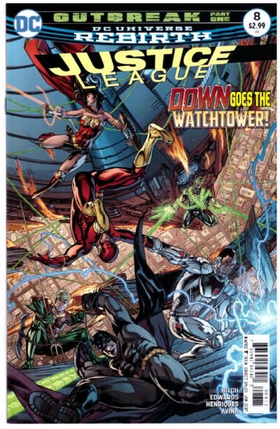 Justice League (2016) #8, a comic book published by DC Comics as part of the Rebirth era.
