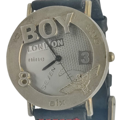 Boy London Stainless Steel Back Falcon Theme Black Leather Stripes Wristwatch