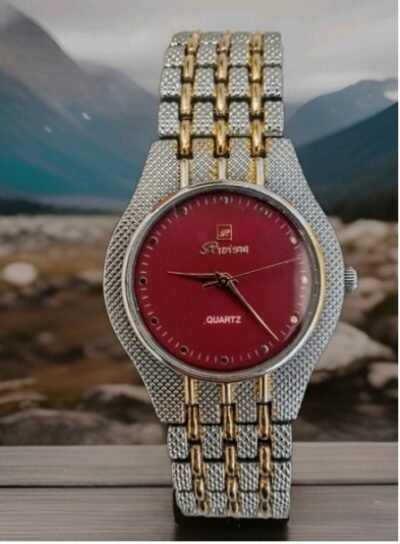 Beautiful-Vintage-Riviera-Burgundy-Dial-Round-With-Two-Tone-Case-Link