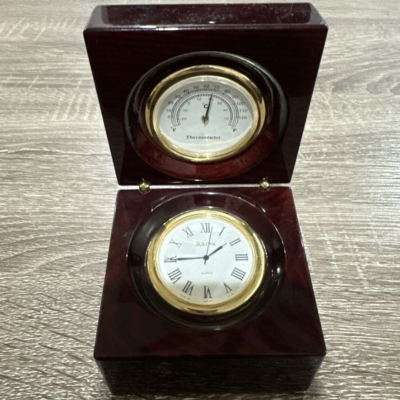 Bulova Clock And Thermometer Desk Wooden Box