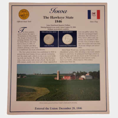 Iowa The Hawkeye State 1846 With Iowa Statehood Quarter-Dollars Coins 2004 & State Stamps