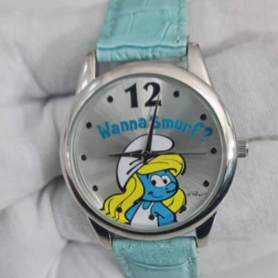 MZB F3222611 Smurf Theme Stainless Steel Back Leather Stripes Ladies Wristwatch (Kids Watch)