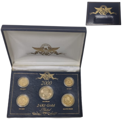One Cent, Five Cents, Ten Cents, Quarter Dollars & One Dollor 24kt Gold Plated Proof Coins Collection Of United States Of America