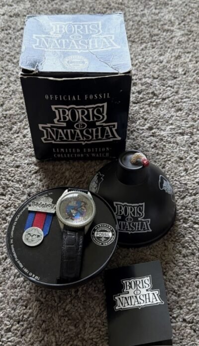 Vintage-1991-Official-Fossil-Boris-Natasha-LE-Collectors-Watch-With-Box.