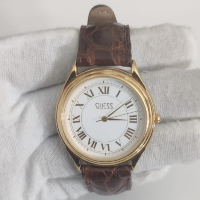 Vintage Guess Stainless Steel Back Leather Stripes Japan Movement Wristwatch