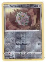 Ferroseed Pokémon card from the Sword & Shield—Silver Tempest set.It is a "Reverse Holo" variant,