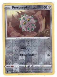 Ferroseed Pokémon card from the Sword & Shield—Silver Tempest set.It is a "Reverse Holo" variant,