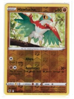 Hawlucha card (number 098/195) from the Pokémon TCG Silver Tempest set.It is a Reverse Holo version,