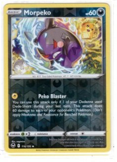 Morpeko (116/195) card from the Silver Tempest expansion set.The card features the Reverse Holo