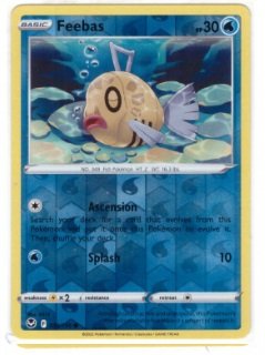 Feebas trading card from the Pokémon Silver Tempest expansion set.reverse holo variant