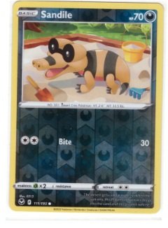 Sandile Pokémon card from the Silver Tempest expansion set.It is numbered 111/195 and features a reverse holofoil pattern.
