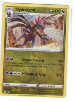 Hydreigon Pokémon card from the Evolving Skies set, specifically numbered 115/203.It is a Rare Reverse Holo version,