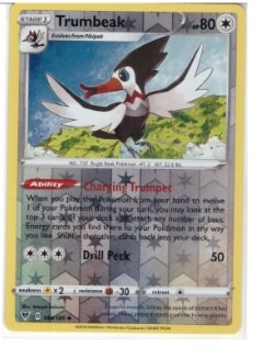 Trumbeak card (#144) from the Pokémon Vivid Voltage set.It is a reverse holo version