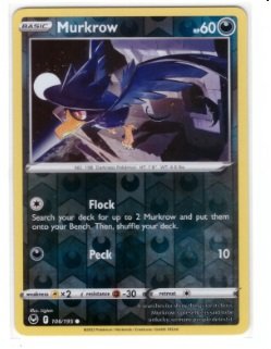 Murkrow card from the Pokémon Silver Tempest expansion (set number 106/195).The card depicted is a Reverse Holo version,