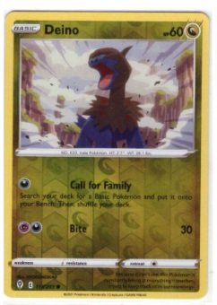 Deino Pokémon card from the Sword & Shield—Evolving Skies expansion.It is numbered 113/203 and is a common rarity card.The version is a Reverse Holo foil variant.