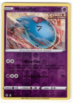 Wobbuffet card (#066/203) from the Pokémon Sword & Shield - Evolving Skies expansion.It is a psychic-type basic Pokémon with 120 HP.The card is a "Reverse Holo" variant,