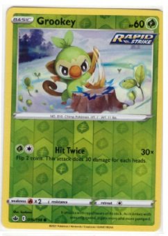 Grookey card from the Sword & Shield—Chilling Reign expansion, specifically card number 016/198.It is a Reverse Holo
