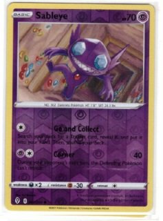 Sableye card from the Evolving Skies set.It features a Reverse Holo foil pattern