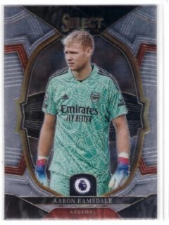This image shows a 2021 Panini Select Premier League trading card featuring professional soccer goalkeeper Aaron Ramsdale.
