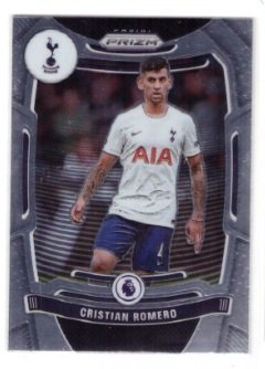 2021-22 Panini Prizm Premier League Cristian Romero trading card featuring the Tottenham Hotspur defender.