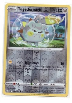 Togedemaru card from the Pokémon Sword & Shield: Silver Tempest expansion.It is card number 127/195.This version is a Reverse Holofoil