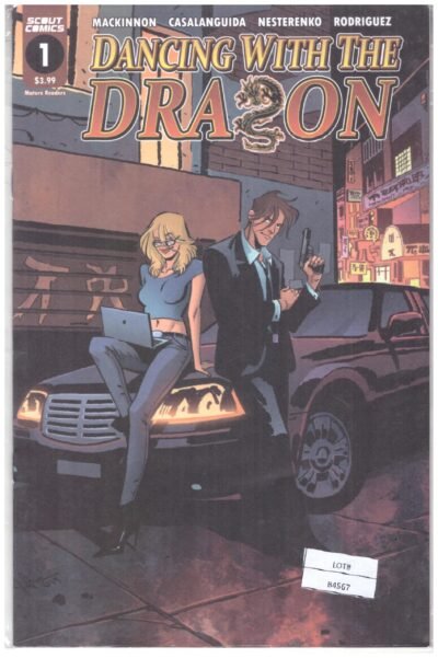 Features the cover of Dancing With The Dragon #1, a comic book published by Scout Comics.