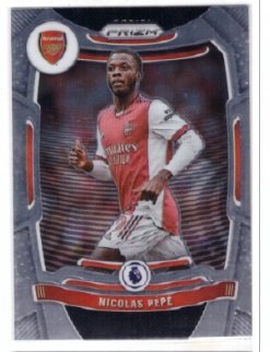 2021-22 Panini Prizm Premier League #205 Nicolas Pépé soccer card featuring the Arsenal FC logo.
