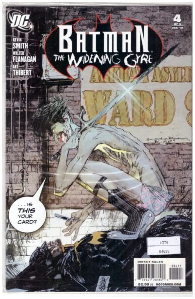 Batman: The Widening Gyre #4.It features The Joker in a crouching position, holding a playing card while wearing a disguise.
