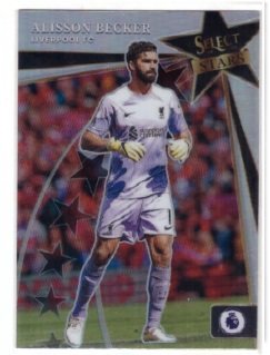 2022-23 Panini Select English Premier League Alisson Becker Select Stars Silver Prizm card #18 featuring the Liverpool goalkeeper.