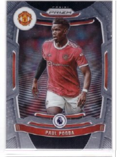 This image shows the 2021-22 Panini Prizm Premier League #278 Paul Pogba trading card, featuring the Manchester United player in his red home kit.