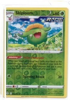 Skiploom card from the Evolving Skies expansion set (card number 003/203).The card features the Rapid Strike style and has a Reverse Holo finish.