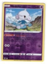 Meditite card from the Pokémon TCG: Silver Tempest expansion, specifically numbered 072/195.It is a Reverse Holo version