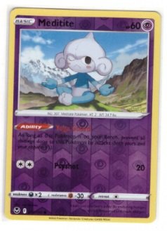 Meditite card from the Pokémon TCG: Silver Tempest expansion, specifically numbered 072/195.It is a Reverse Holo version