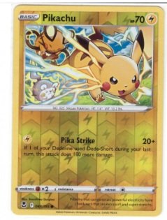 Pikachu card from the Silver Tempest set.It is numbered 049/195.The card features a Reverse Holo foil pattern