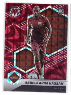 2021-22 Panini Mosaic Road to the FIFA World Cup Qatar soccer card featuring Abdelkarim Hassan.