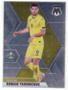 2020-21 Panini Mosaic UEFA Euro trading card featuring Roman Yaremchuk in a yellow Ukraine national team jersey.