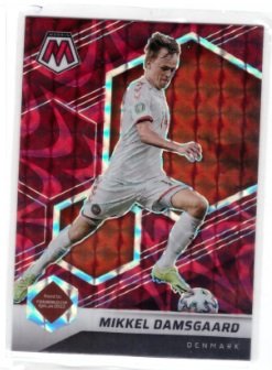 2021-22 Panini Mosaic FIFA Road to World Cup Mikkel Damsgaard base card, featuring a Reactive Gold Mosaic Prizm finish.