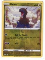 Deino card from the Pokémon TCG: Evolving Skies expansion.It is identified as card #113/203.Reverse Holo