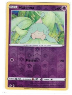 Hatenna card from the Sword & Shield - Chilling Reign set.It is numbered 071/198 and features the Reverse Holo foil pattern.