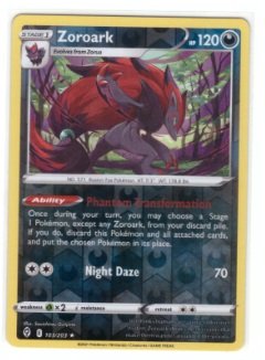 Zoroark card from the Pokémon TCG: Evolving Skies expansion set.It is numbered 103/203 and features a Reverse Holo foil pattern