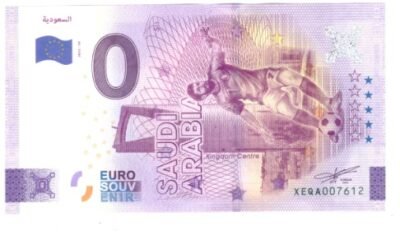 0 Euro souvenir banknote, Tunisia likely from the 2022 FIFA World Cup collection, featuring a football-themed design.