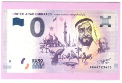 0 Euro Souvenir Banknote featuring UAE landmarks and Sheikh Zayed bin Sultan.
