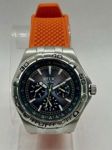 Relic 40.5mm Quartz Watch Black Dial Orange Rubber Strap Running