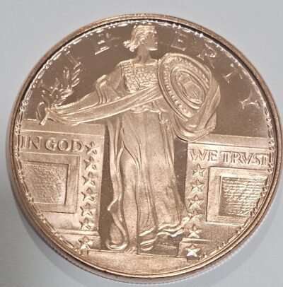 1 oz .999 pure copper round or challenge coin featuring a replica of the classic Standing Liberty Quarter