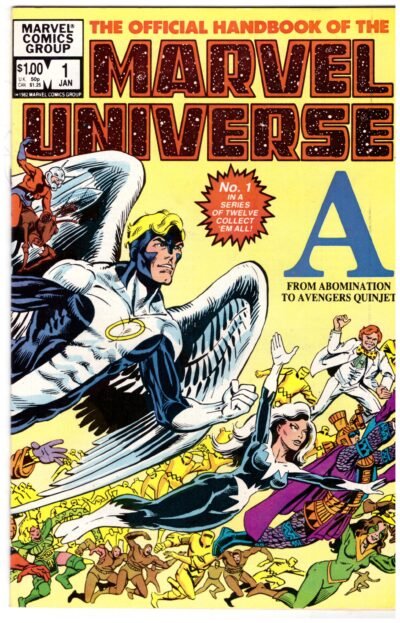 This image shows the cover of The Official Handbook of the Marvel Universe #1, published by Marvel Comics in January 1983