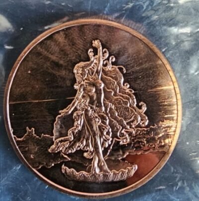 Aphrodite 1 oz. copper round bullion coin, featuring a raised design of the Greek goddess with a sunburst and ocean waves.