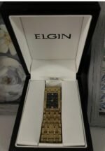 Vintage Elgin Women’s Dress Quartz Wristwatch Gold Tone Bracelet Black Dial w/Box